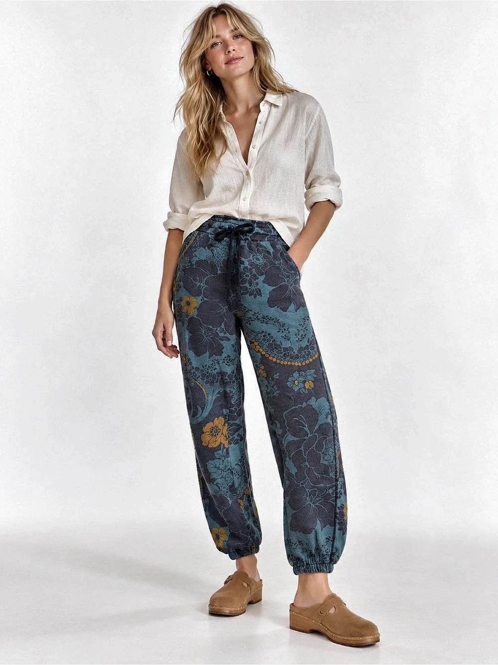 Anthropologie Saturday Sunday Teal Floral French Terry Joggers Pants S